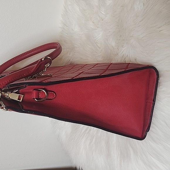 Large Vegan Leather Red Handbag Quilted Pattern Shoulder Satchel Hand Bag Purse - Picture 9 of 10